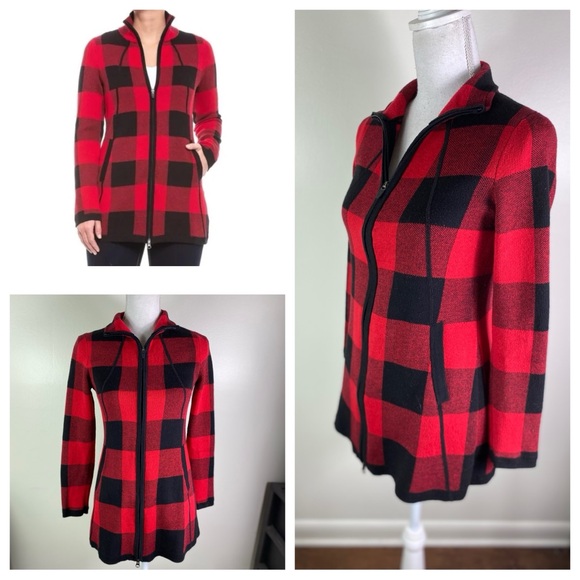 Adrienne Vittadini Sweaters - Adrienne Vittadini women XS buffalo plaid fitted zip sweater pockets red/black